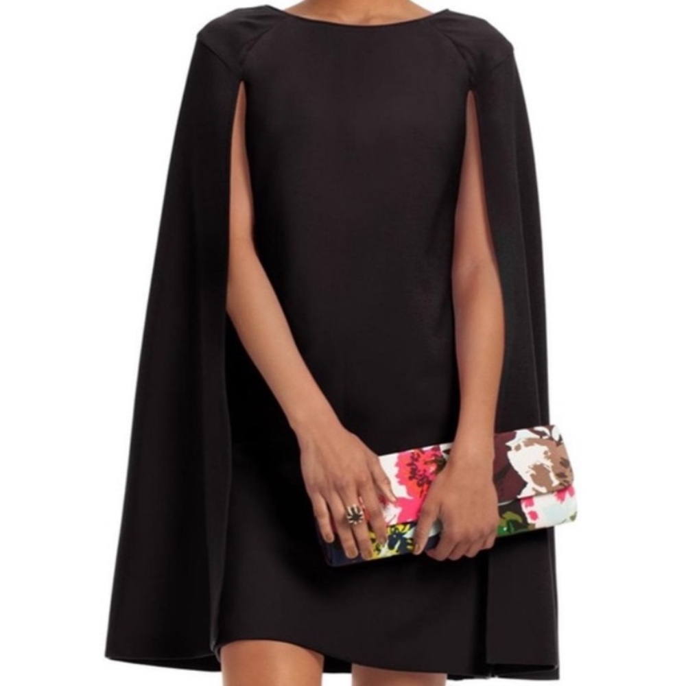 Trina Turk CAPE 6 Gizela Cape Dreas Mini Cocktail Classy Black Side Slits Zip Up